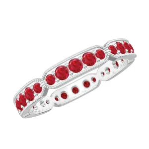 1 CT Created Ruby Eternity Band Ring with Gold Milgrain Details