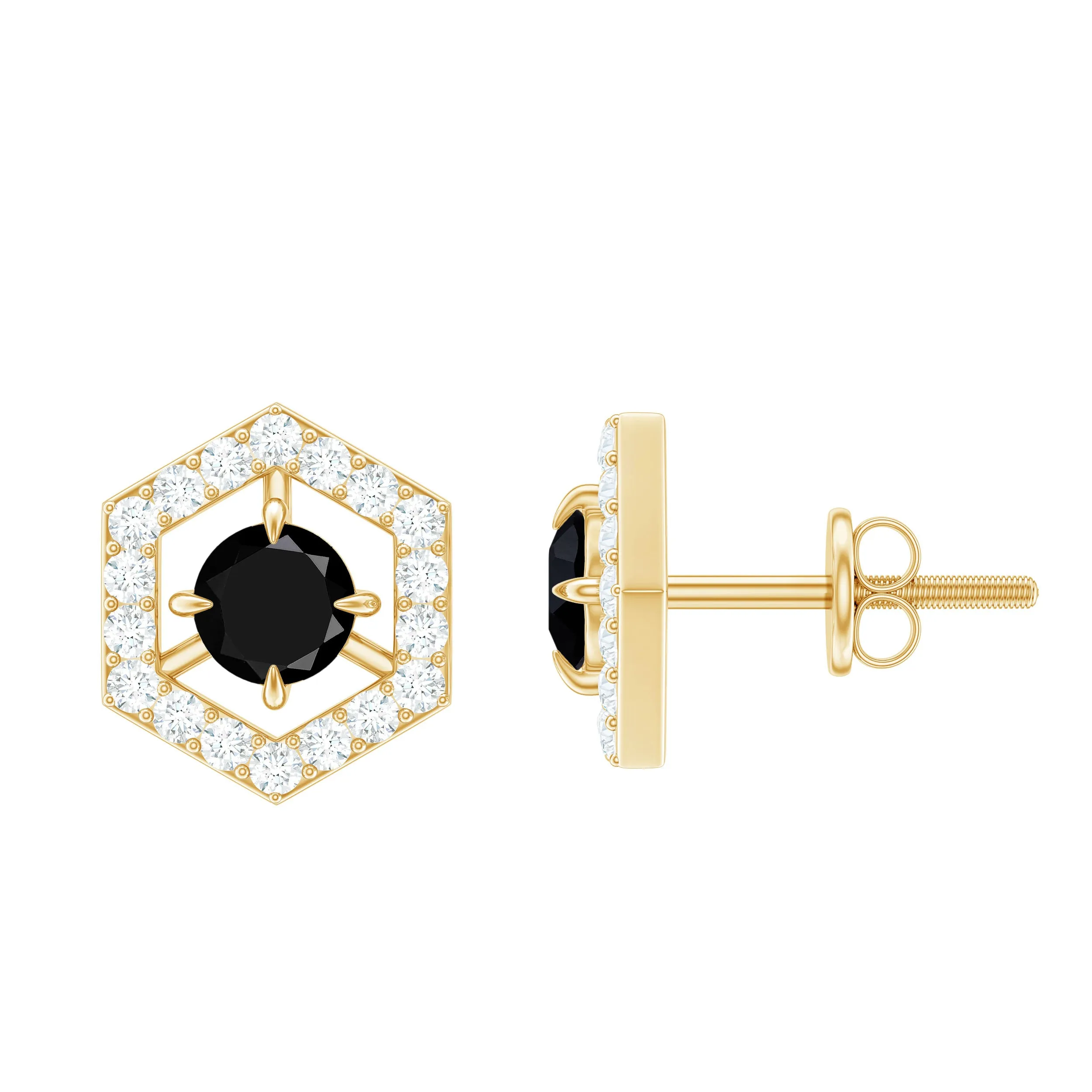 1 CT Minimal Black Spinel and Diamond Geometric Stud Earrings