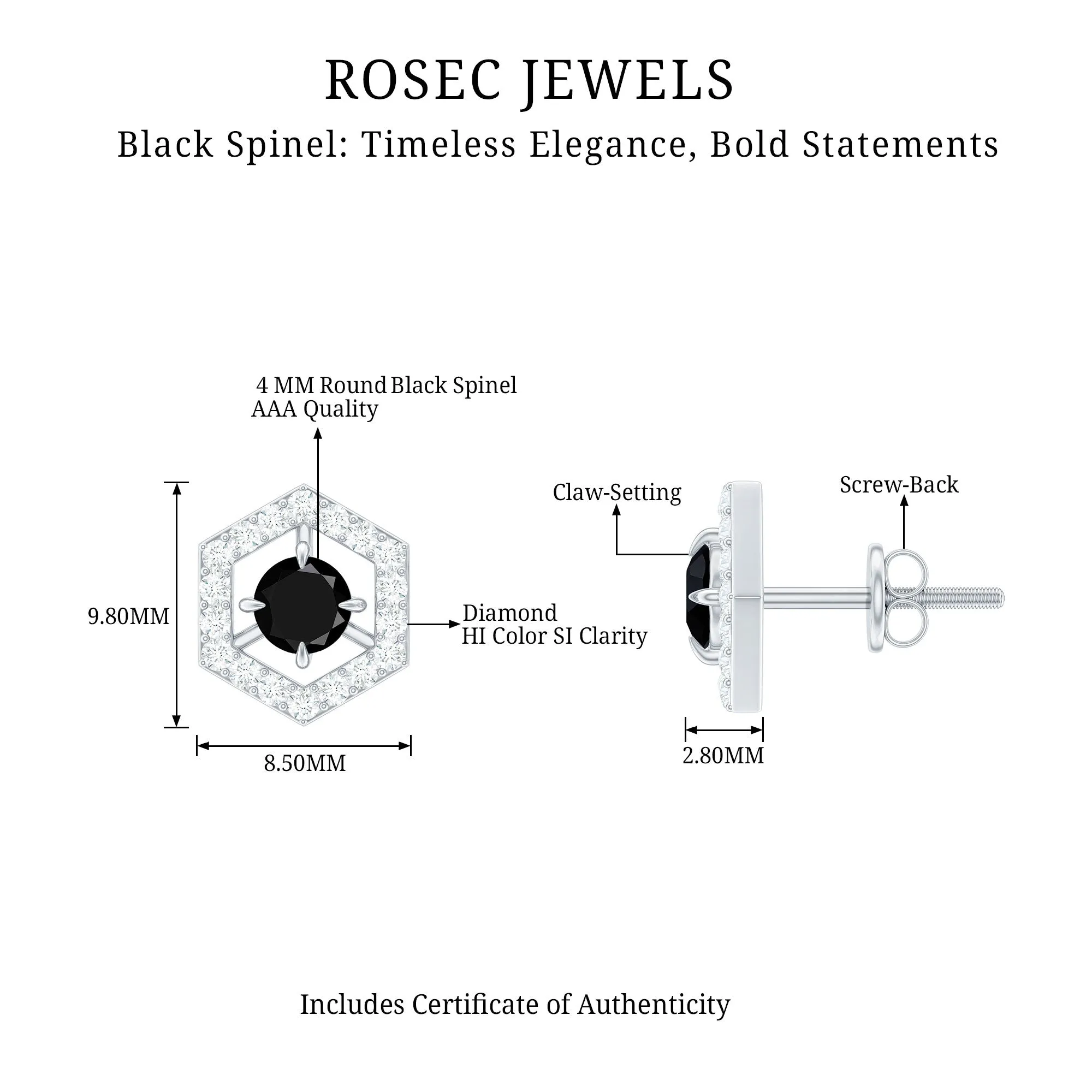 1 CT Minimal Black Spinel and Diamond Geometric Stud Earrings