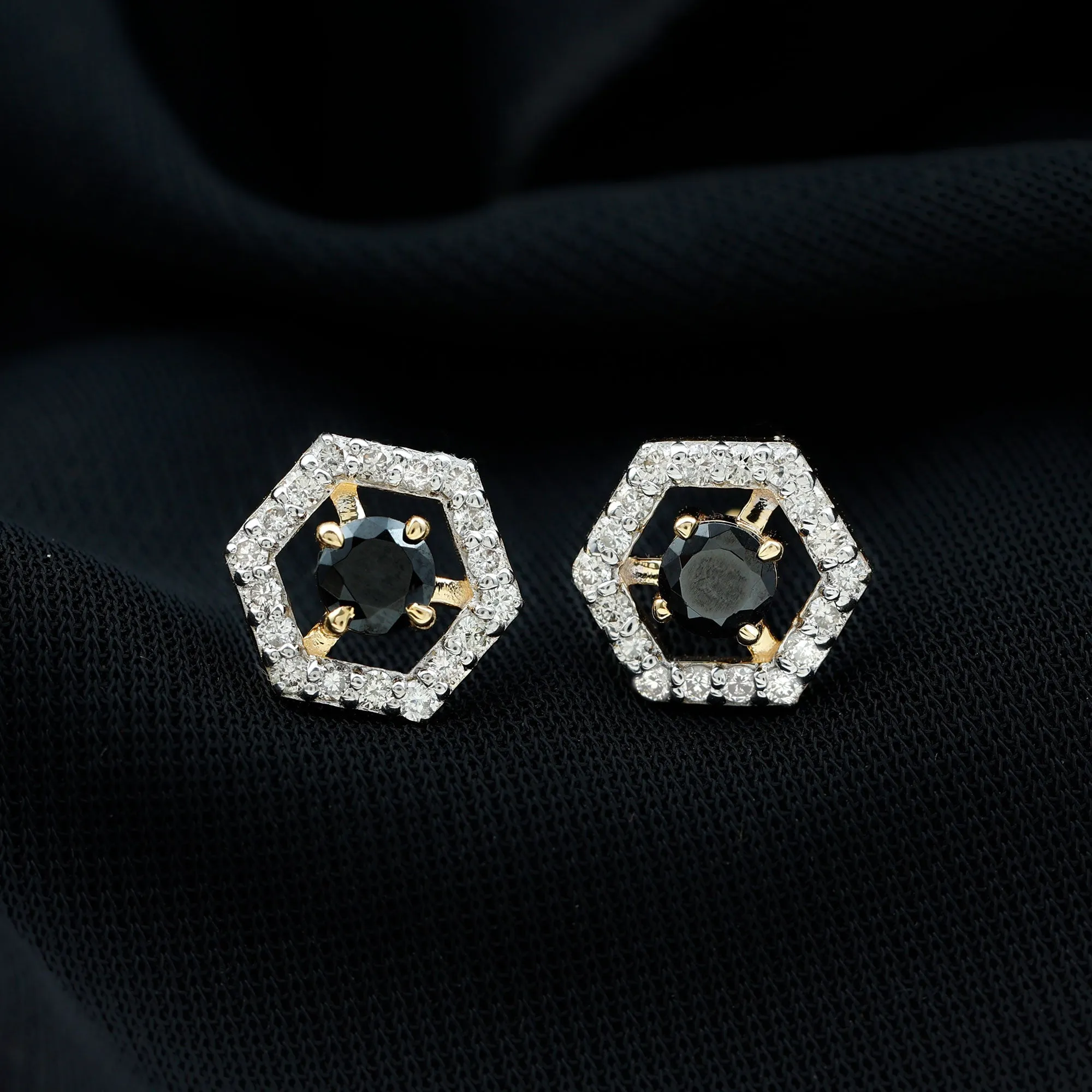 1 CT Minimal Black Spinel and Diamond Geometric Stud Earrings