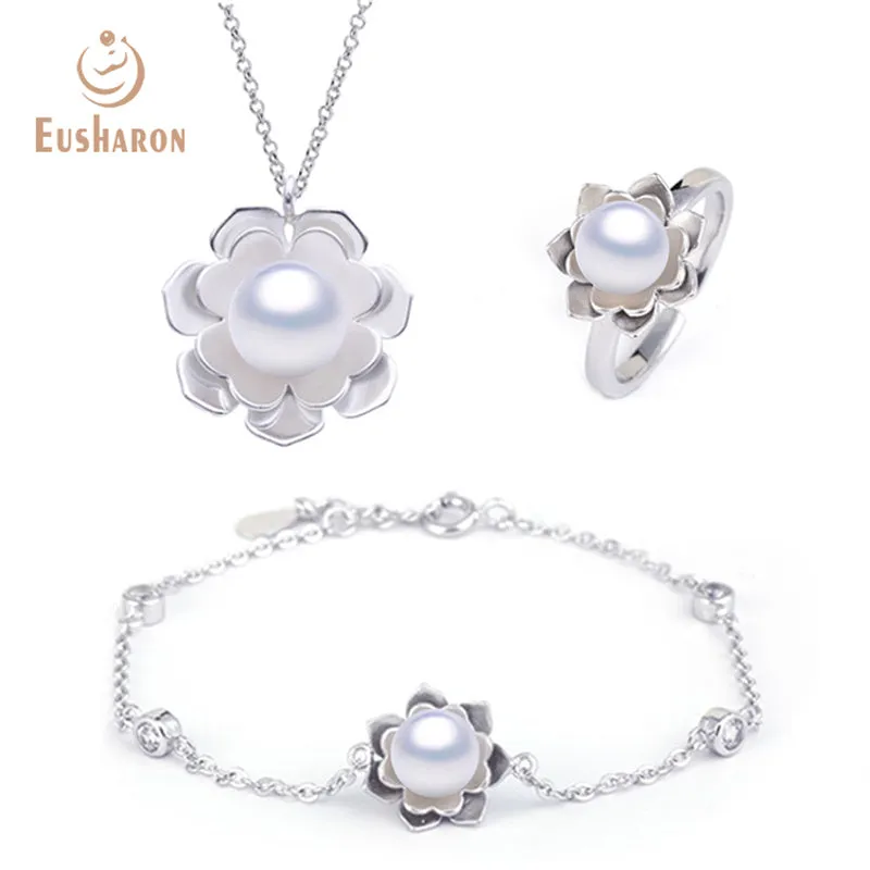 10 PCS Lotus Flower Edison Freshwater Pearl Pendant Necklace Bracelet Ring Jewelry Set