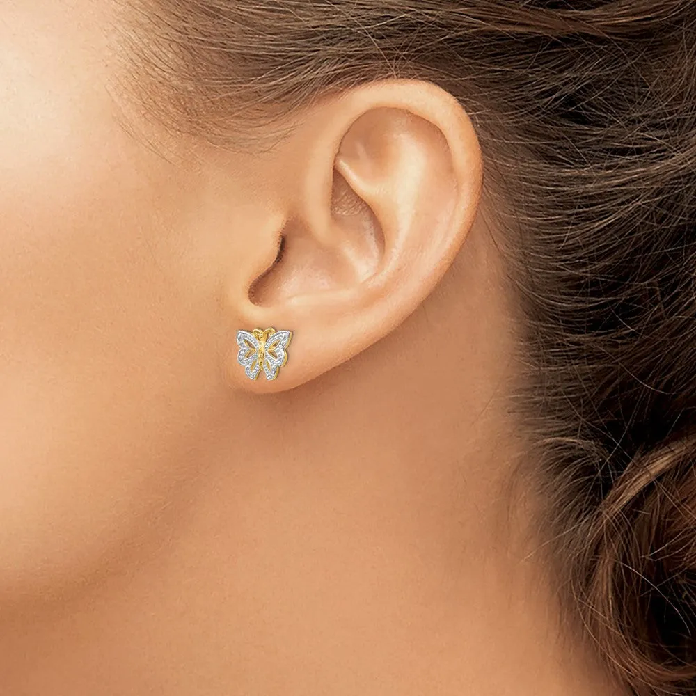 10K Yellow Gold & Rhodium Butterfly Post Earrings