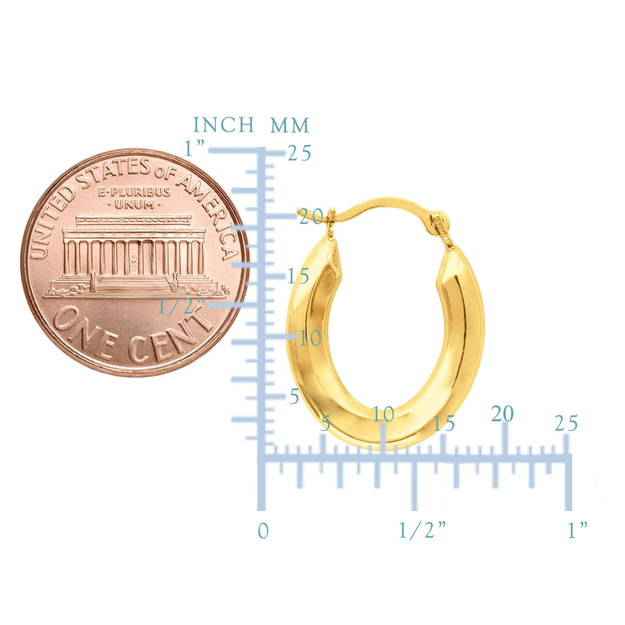 10k Yellow Gold Shiny Oval Shape Hoop Earrings, Diameter 20mm