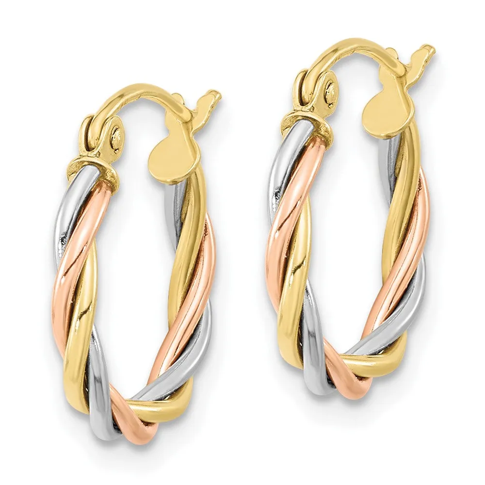 10KT Gold Tri-Color 2.5X15MM Twist Hoop Earrings