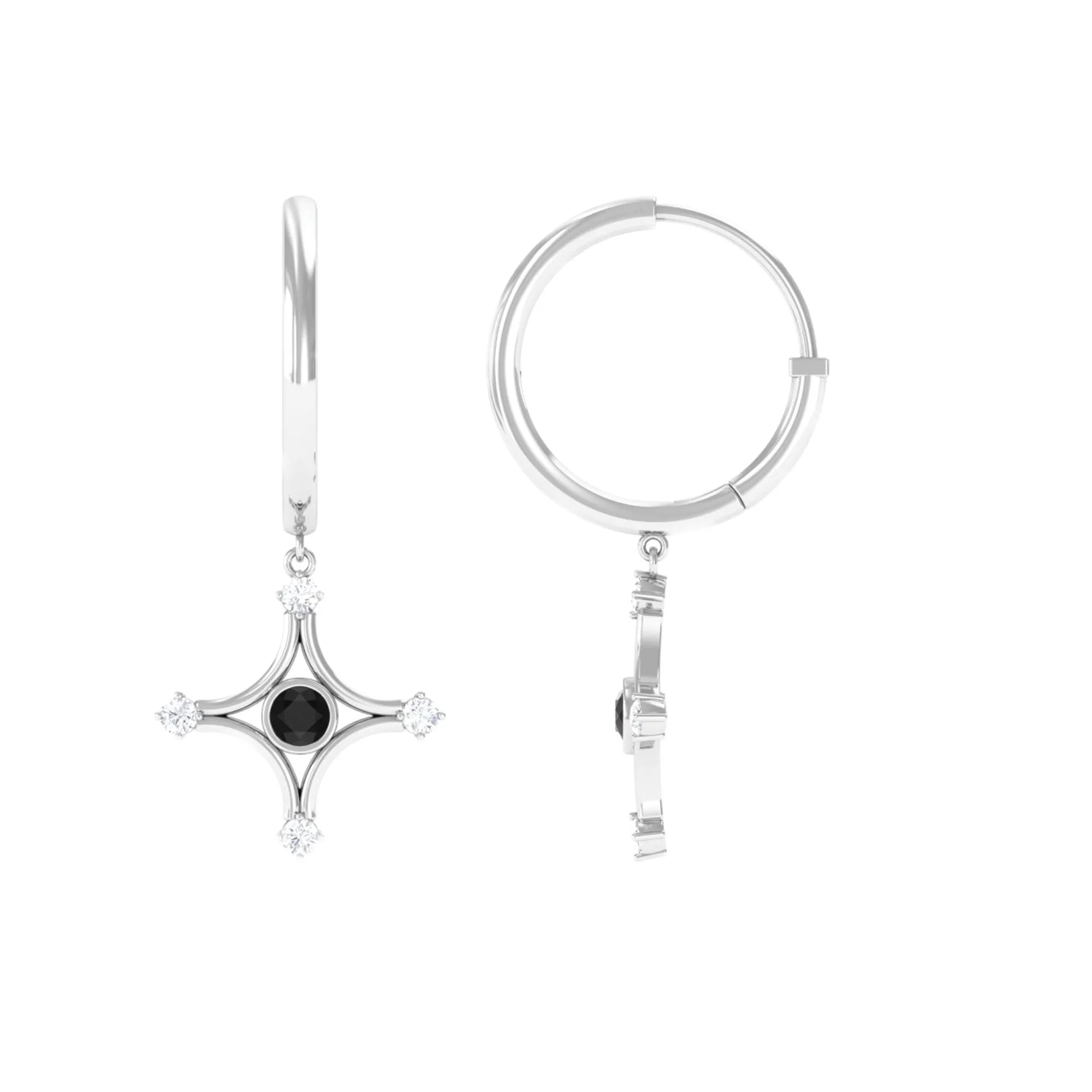 1/2 CT Created Black Diamond and Diamond Star Dangle Hoop Earrings