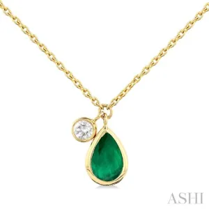 1/20 ctw Pear Cut 6X4MM Emerald and Bezel Set Round Cut Diamond Precious Necklace in 14K Yellow Gold