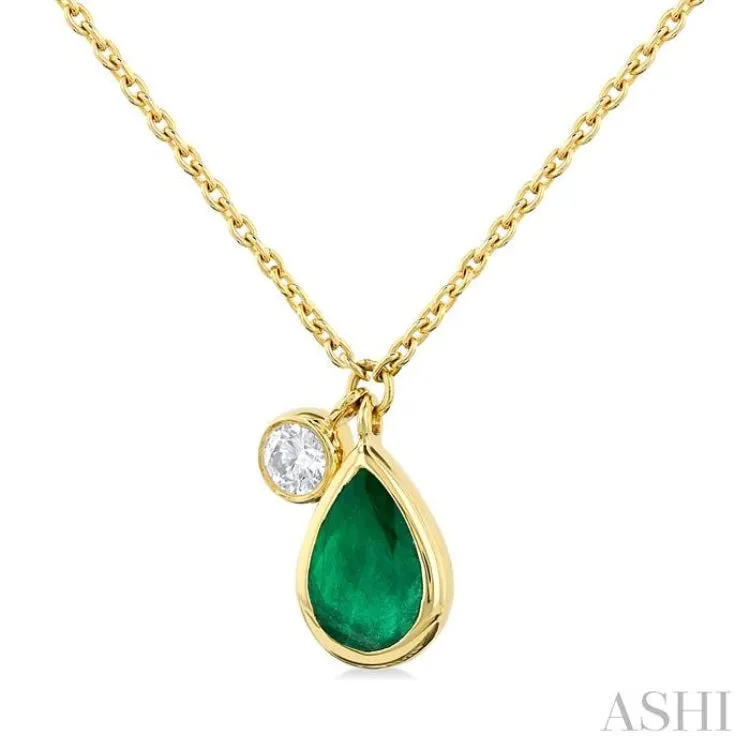 1/20 ctw Pear Cut 6X4MM Emerald and Bezel Set Round Cut Diamond Precious Necklace in 14K Yellow Gold