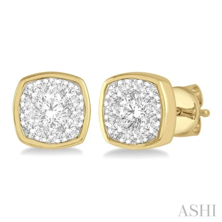 1/3 ctw Cushion Shape Round Cut Diamond Lovebright  Bezel Stud Earring in 14K Yellow and White Gold