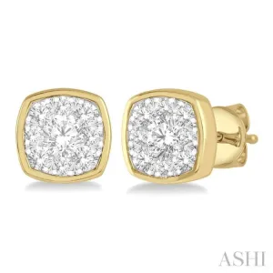 1/3 ctw Cushion Shape Round Cut Diamond Lovebright  Bezel Stud Earring in 14K Yellow and White Gold