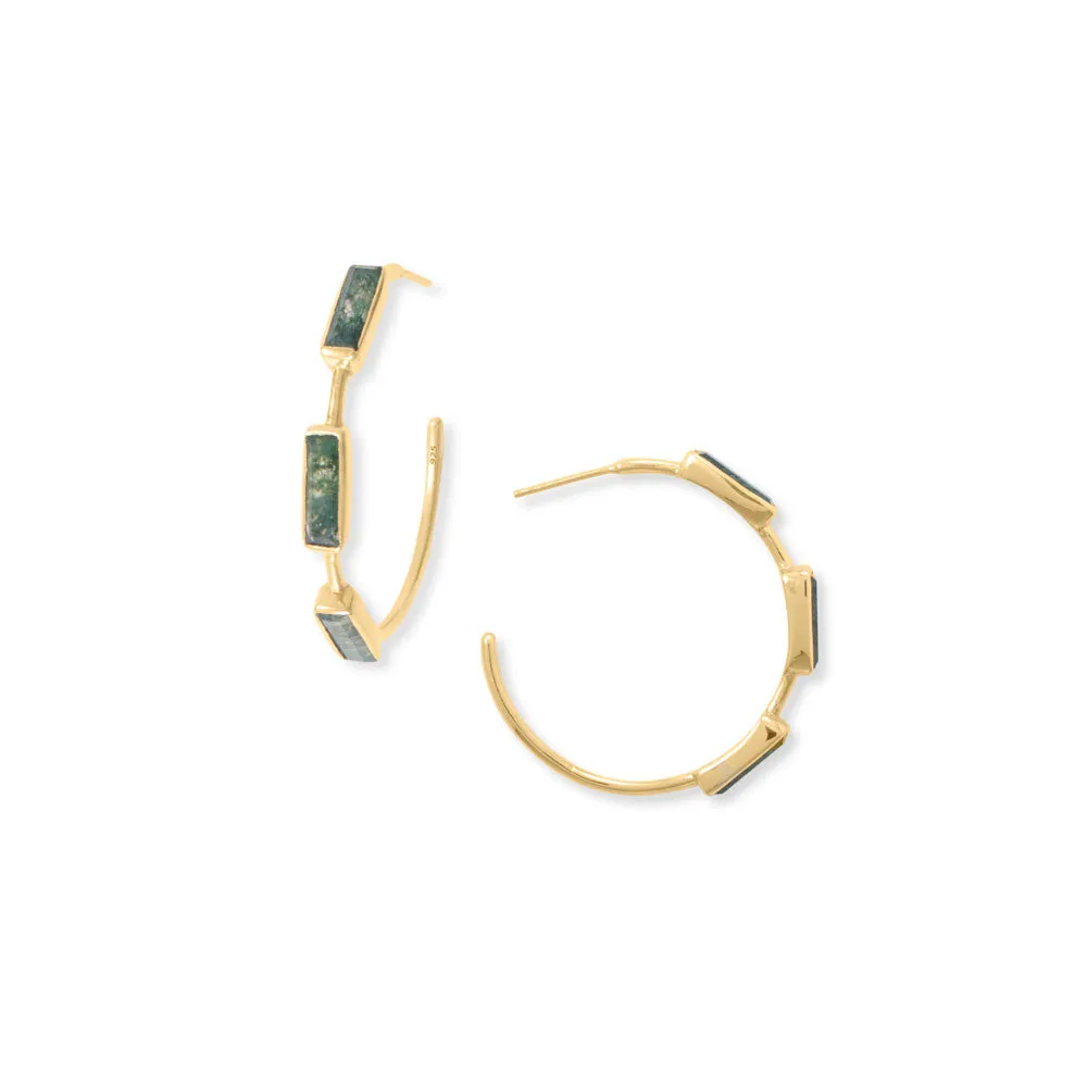 14 Karat Gold Plated Moss Agate Hoop Earrings