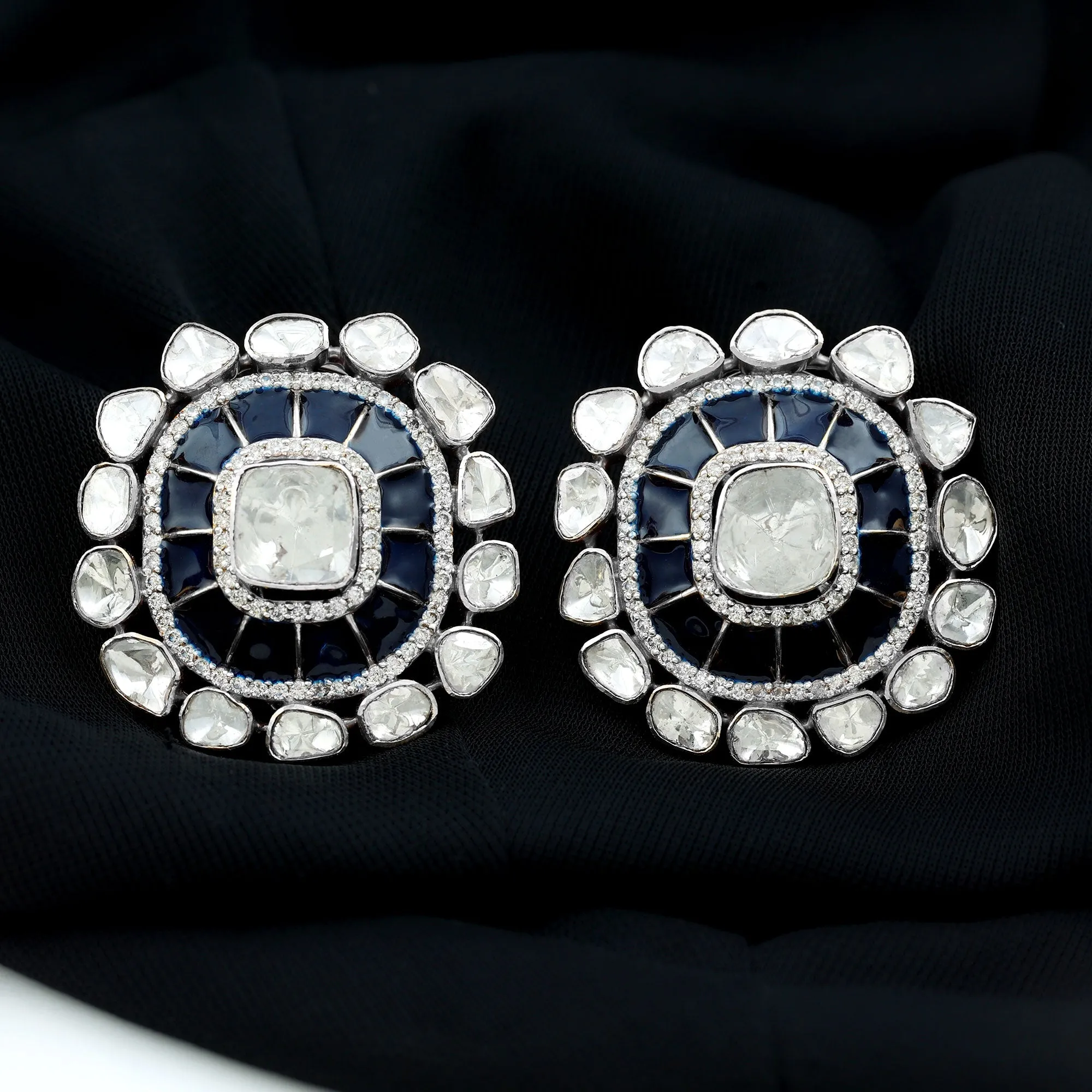 14K Gold Polki Diamond Enamel Stud Earrings in Vintage Style