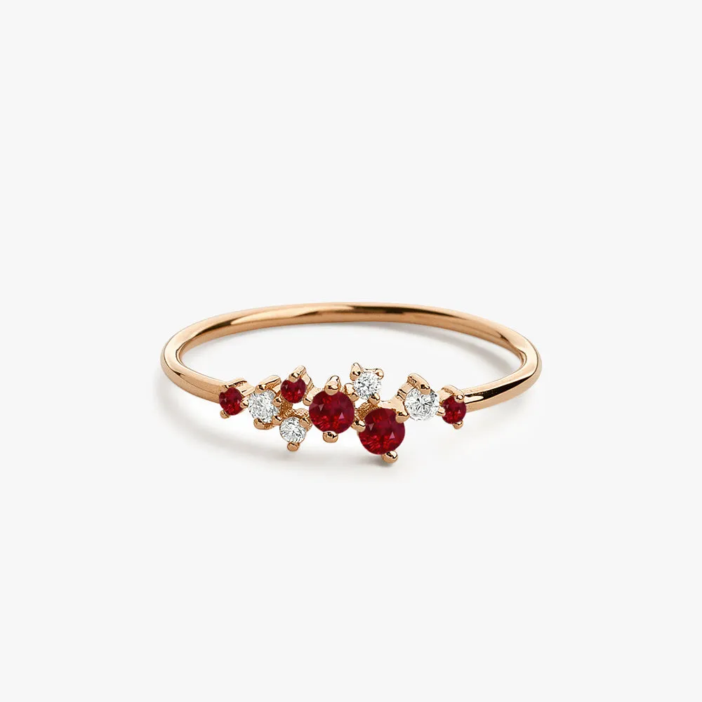 14k Gold Ruby and Diamond Cluster Ring