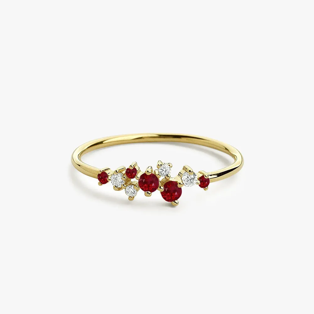 14k Gold Ruby and Diamond Cluster Ring