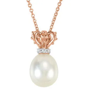 14K Rose .015 CTW Diamond and Freshwater Cultured Pearl 18" Crown Necklace