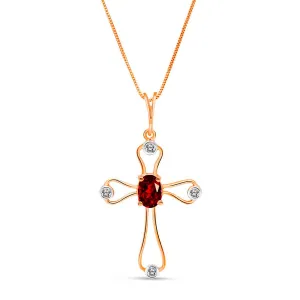 14K Solid Rose Gold Cross Necklace w/ Natural Diamonds & Garnet