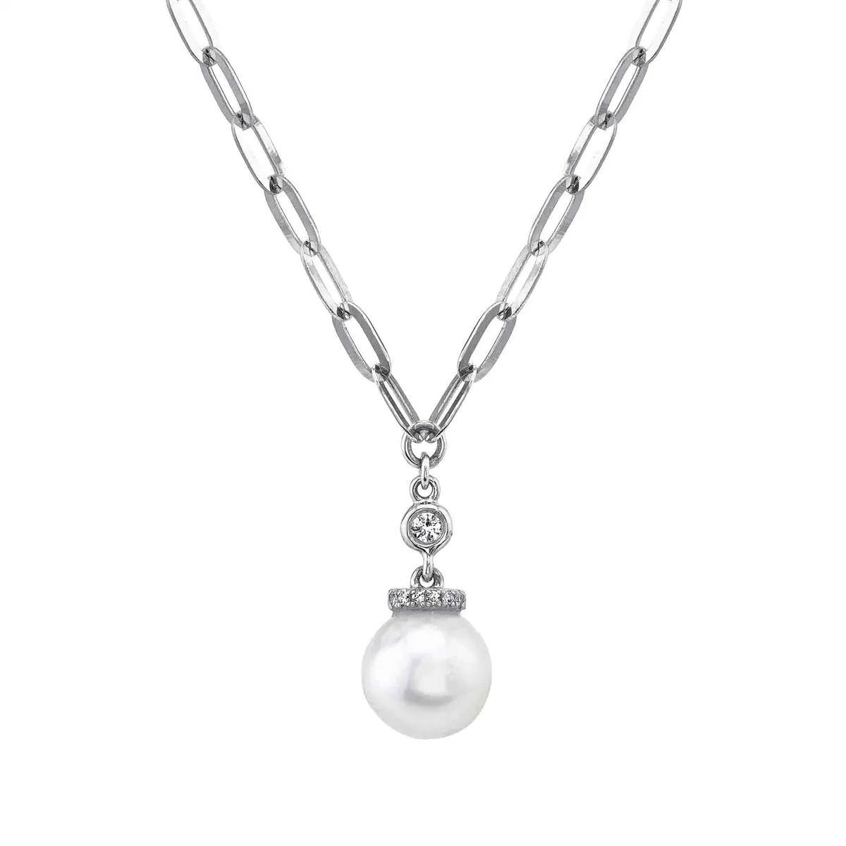 14K White Gold Cultured Pearl & Diamond Paperclip Link Necklace