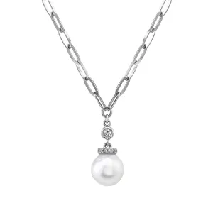 14K White Gold Cultured Pearl & Diamond Paperclip Link Necklace