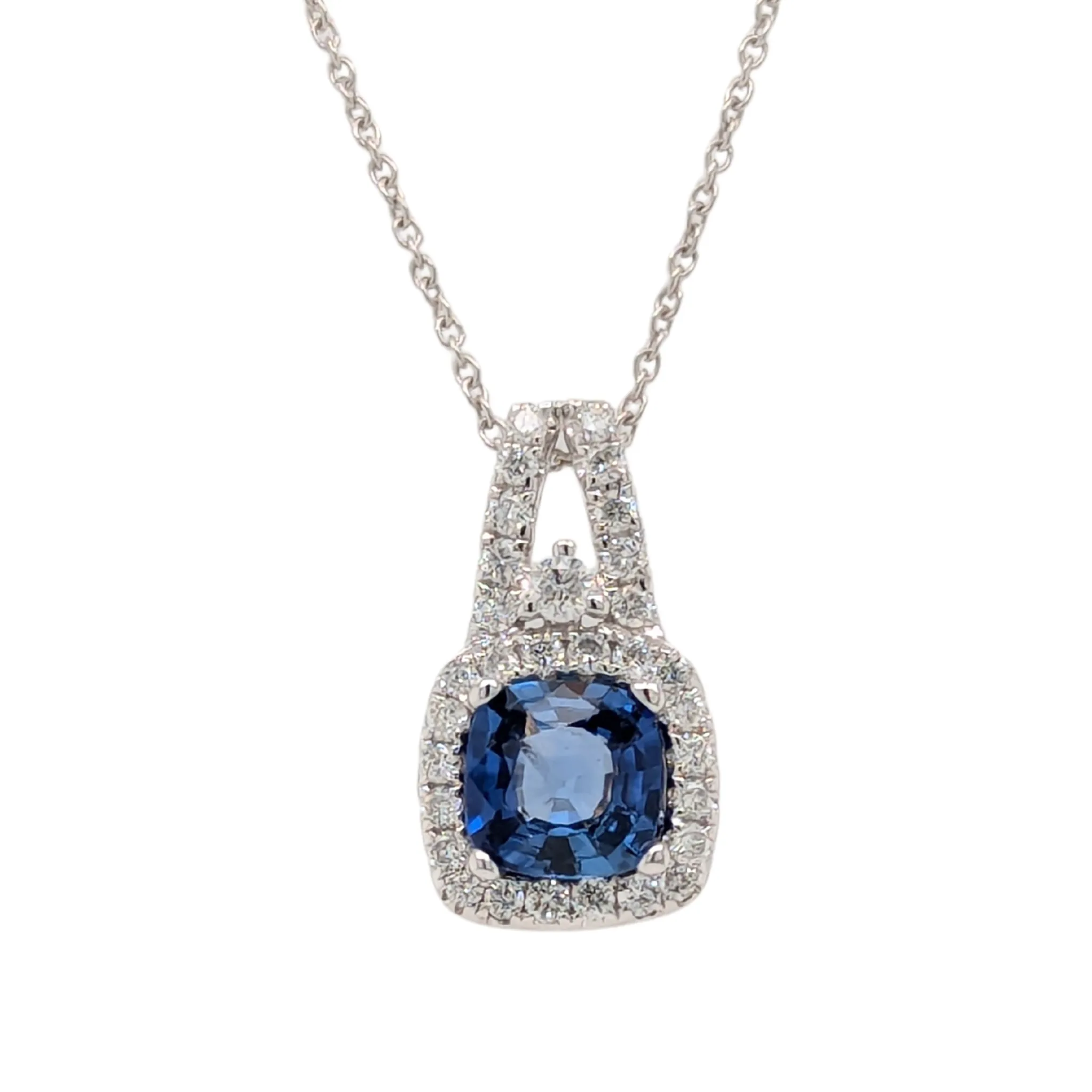 14K White Gold Round Blue Sapphire Necklace with Diamonds