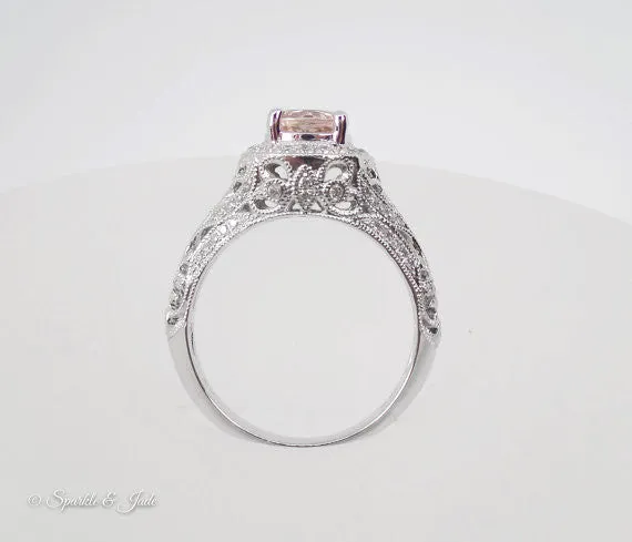 14k White Gold Round Morganite and Diamond Halo Vintage Style Engagement Ring