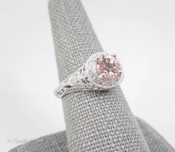 14k White Gold Round Morganite and Diamond Halo Vintage Style Engagement Ring