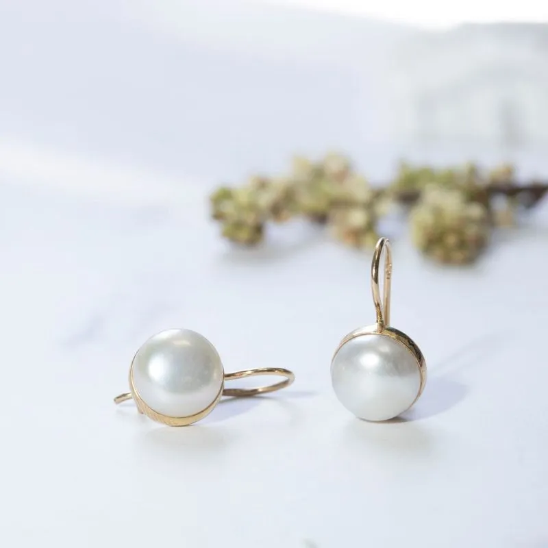 14K Yellow Gold Round White Pearl 8mm Dangle Earrings