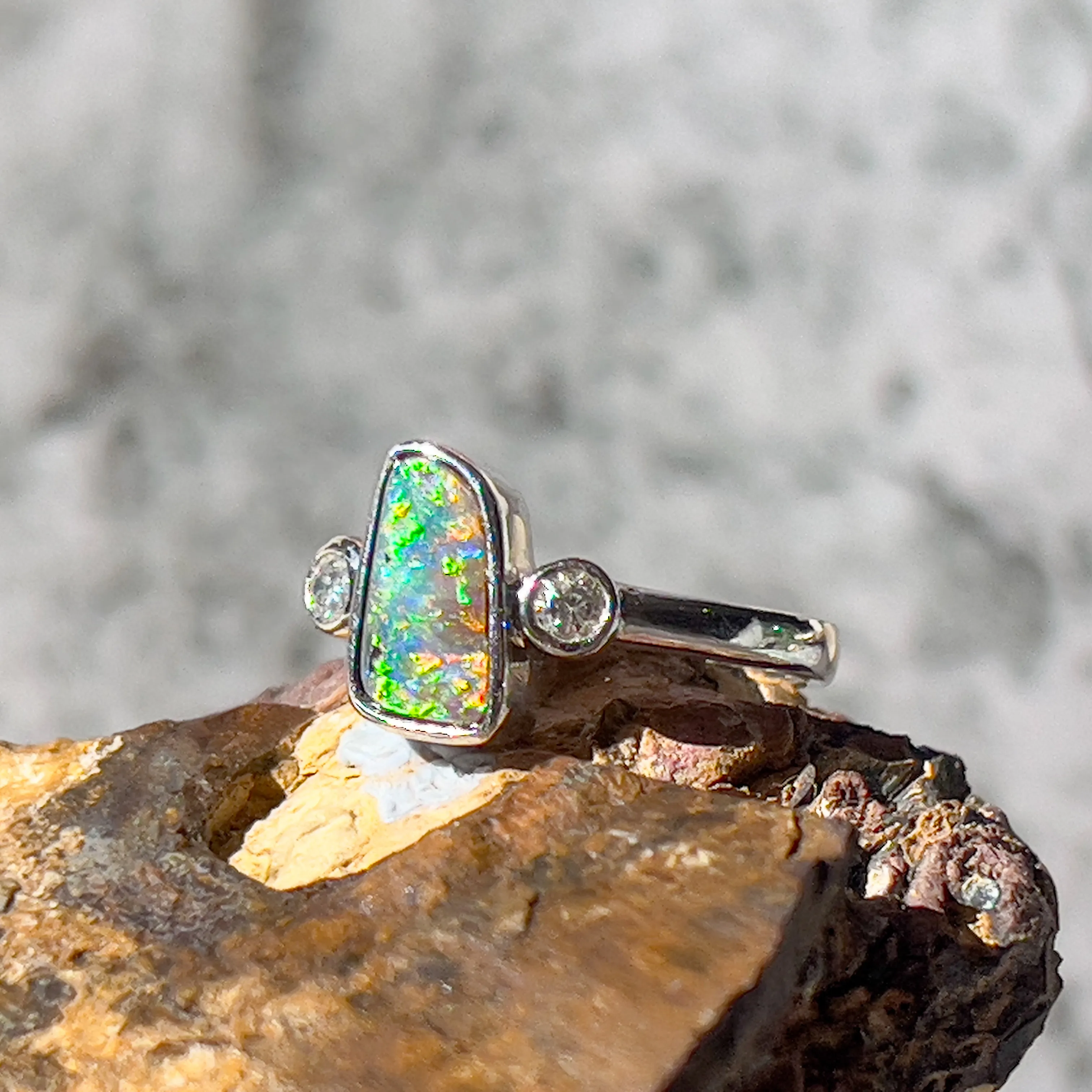 14kt White Gold Boulder Opal 1.8ct and Diamond Opal ring