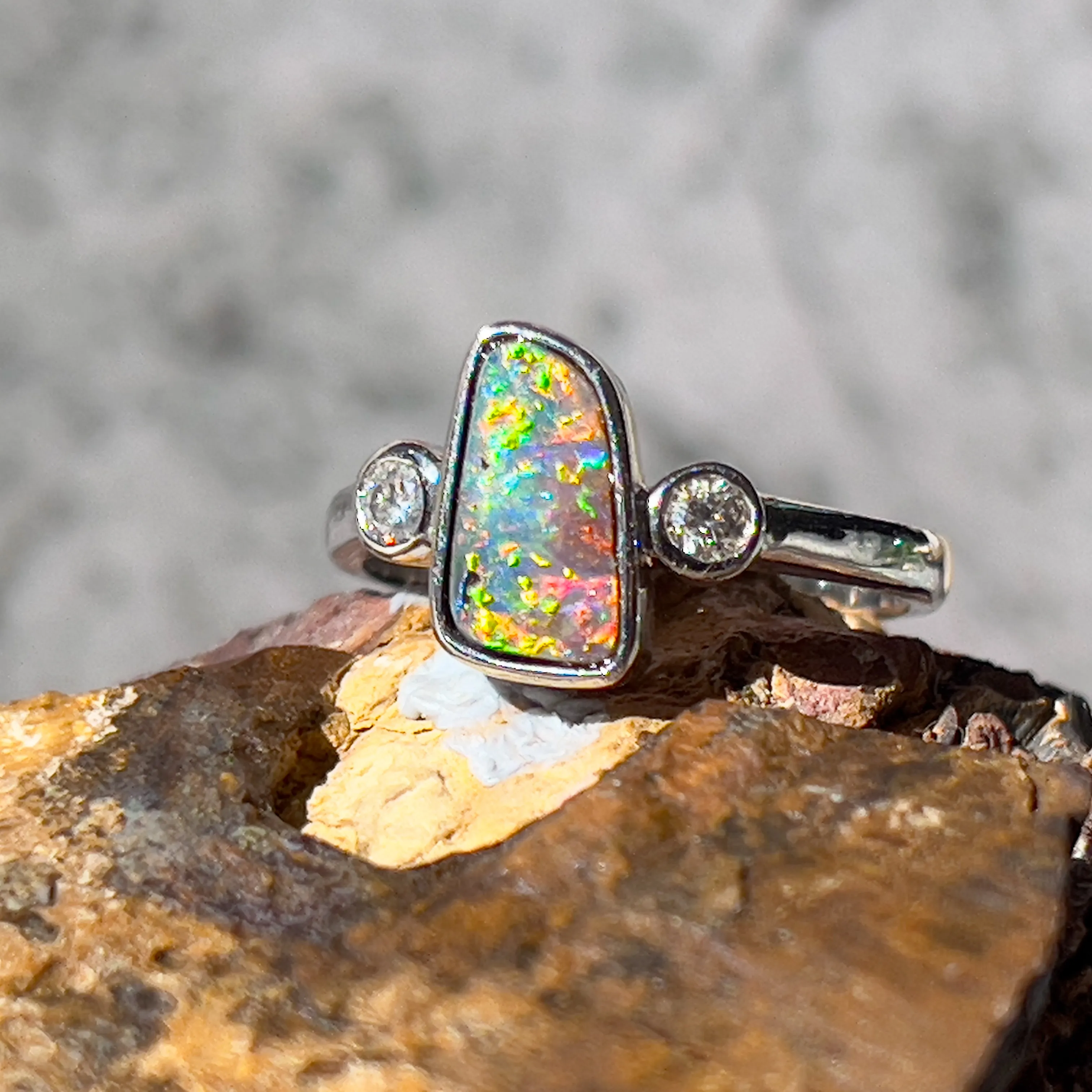 14kt White Gold Boulder Opal 1.8ct and Diamond Opal ring