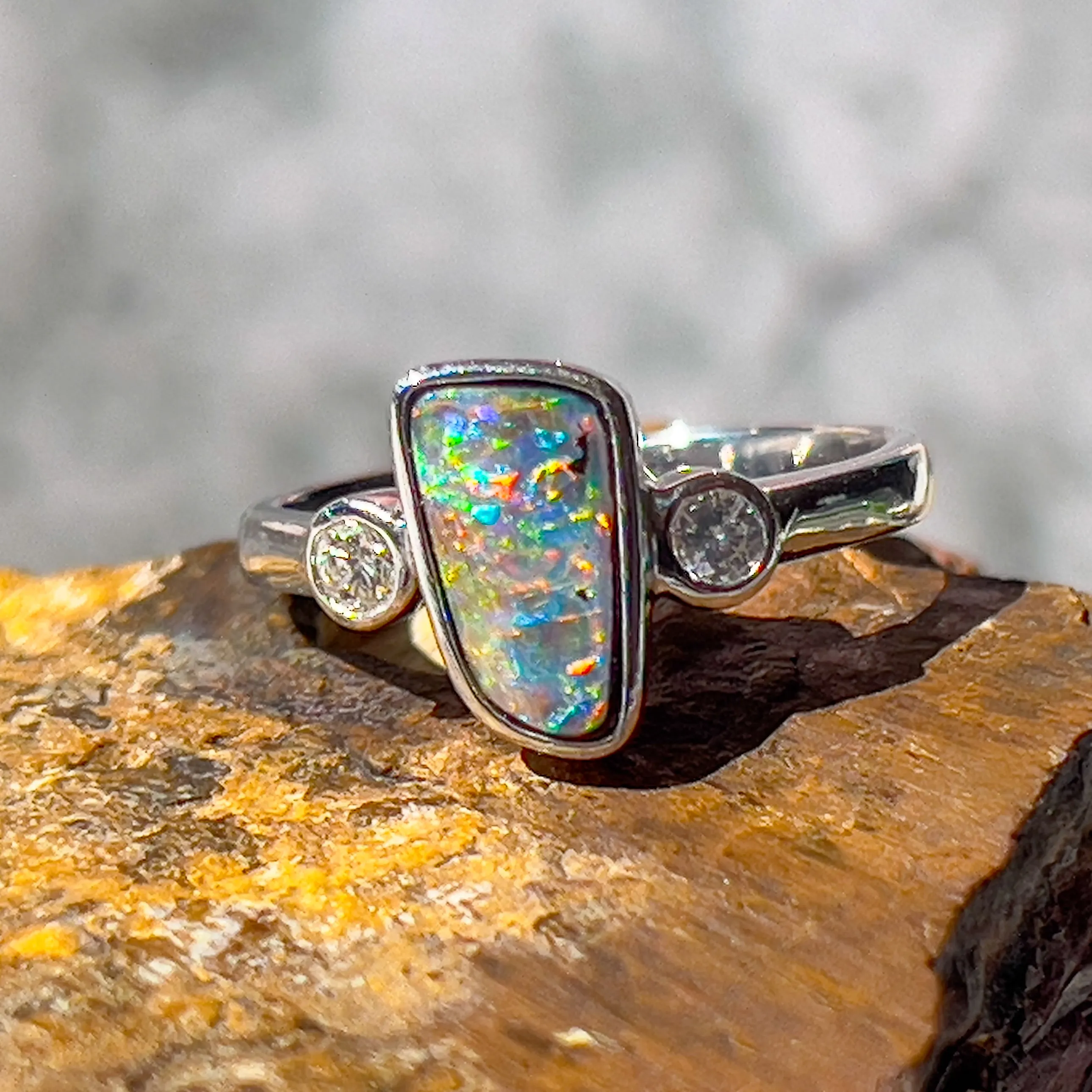 14kt White Gold Boulder Opal 1.8ct and Diamond Opal ring