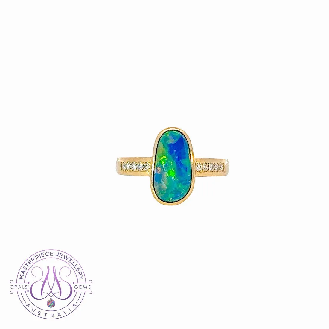 14kt Yellow Gold Oval shaped opal doublet and diamond ring