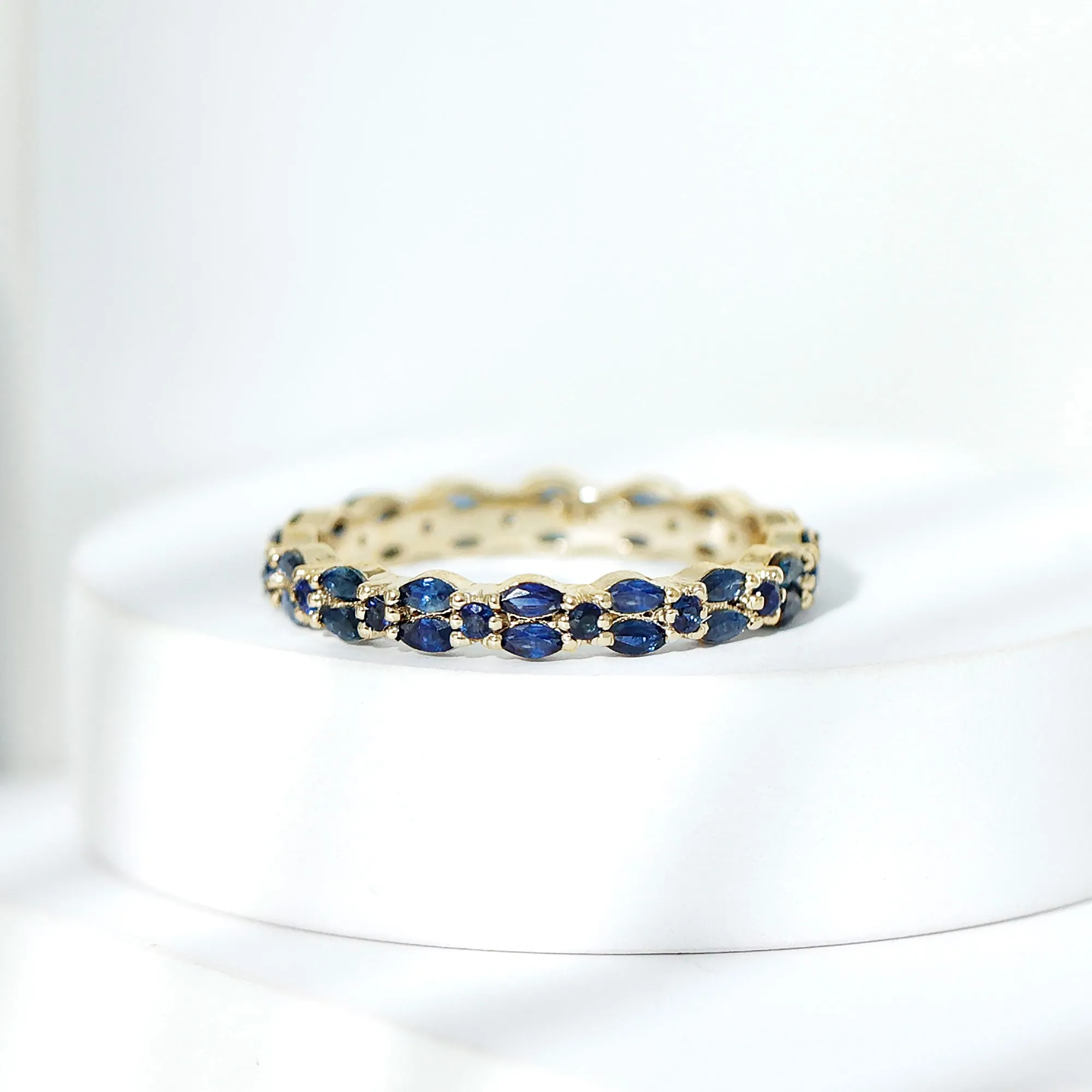 1.5 CT Marquise and Round Blue Sapphire Contemporary Full Eternity Ring