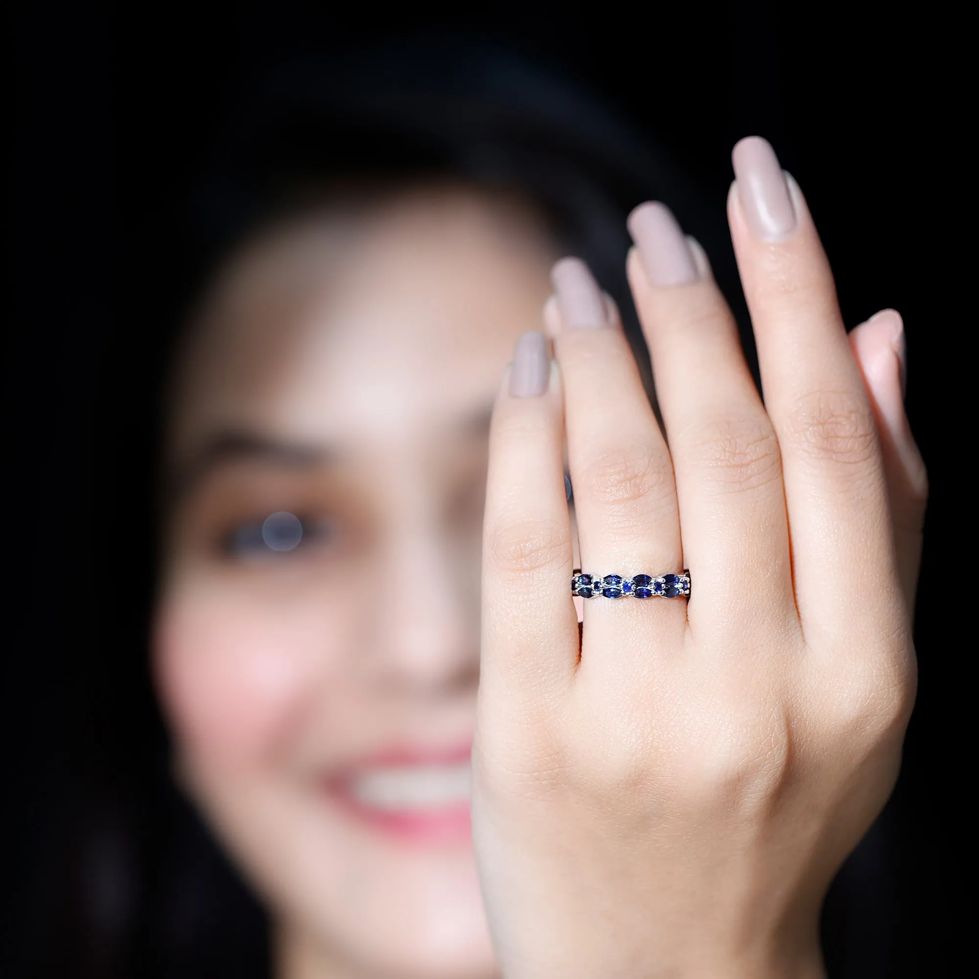 1.5 CT Marquise and Round Blue Sapphire Contemporary Full Eternity Ring