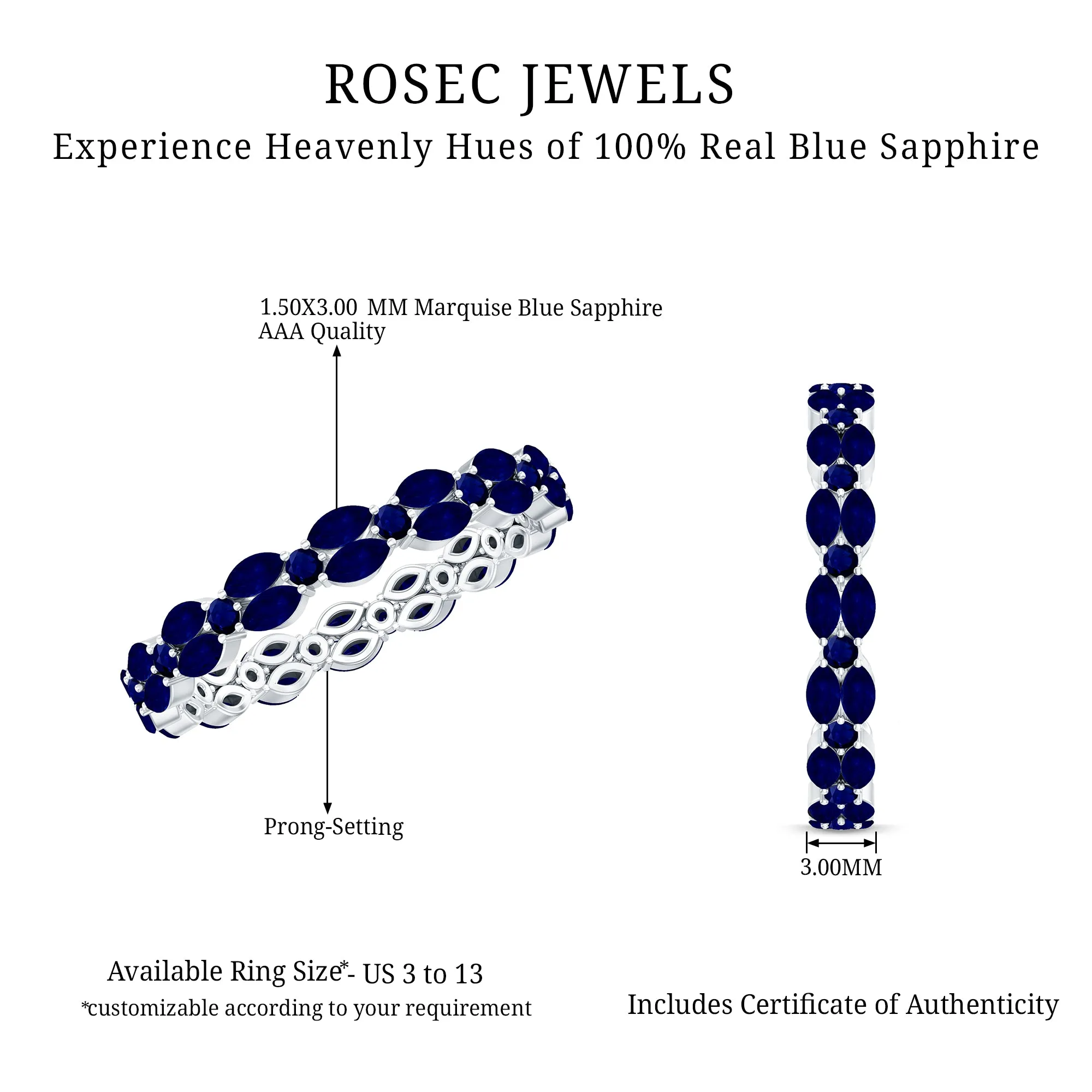 1.5 CT Marquise and Round Blue Sapphire Contemporary Full Eternity Ring