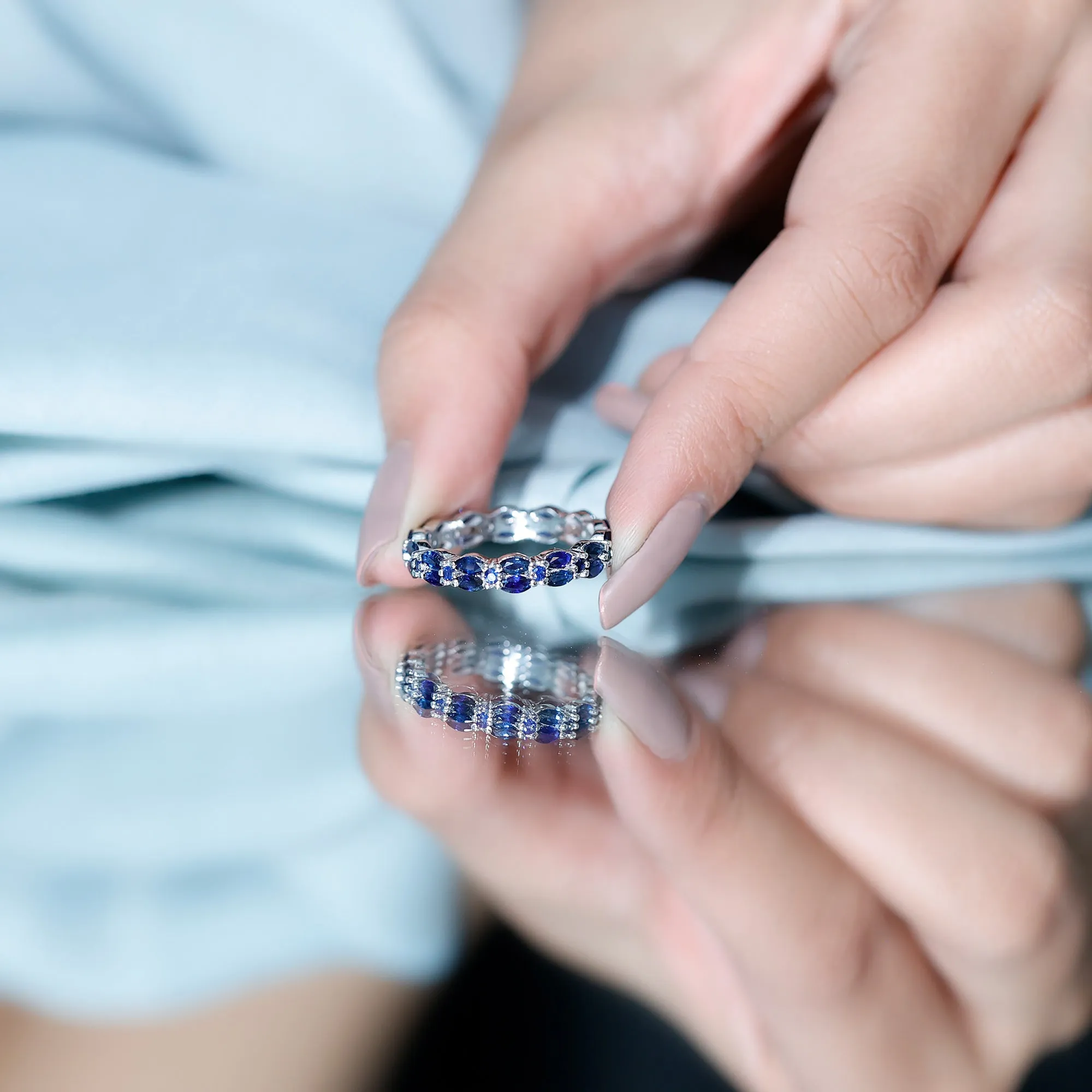 1.5 CT Marquise and Round Blue Sapphire Contemporary Full Eternity Ring