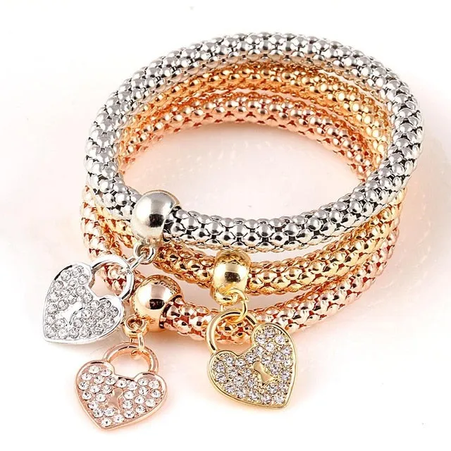 17KM 3Pcs Gold Color Heart Charm Elastic Bracelets For Women Pulseras Bracelet Cute Multilayer Bangles pulseira feminina Gifts