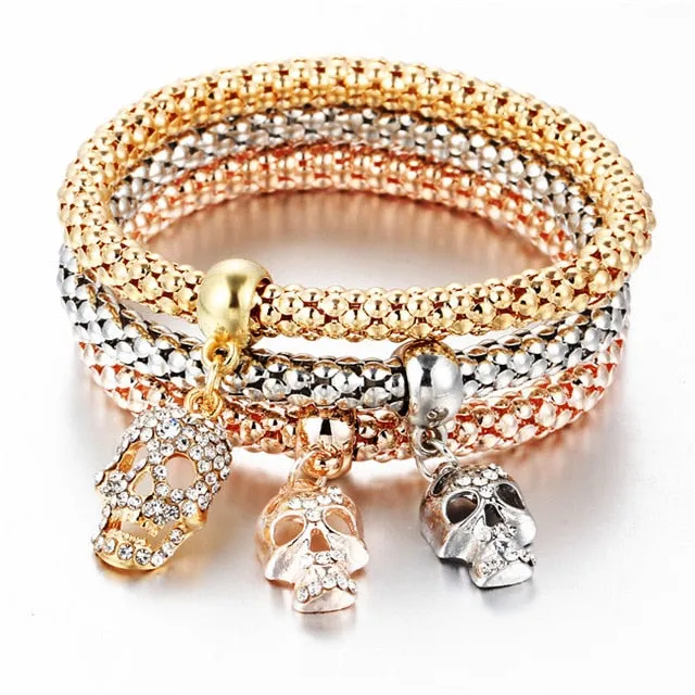 17KM 3Pcs Gold Color Heart Charm Elastic Bracelets For Women Pulseras Bracelet Cute Multilayer Bangles pulseira feminina Gifts