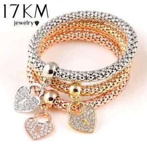 17KM 3Pcs Gold Color Heart Charm Elastic Bracelets For Women Pulseras Bracelet Cute Multilayer Bangles pulseira feminina Gifts