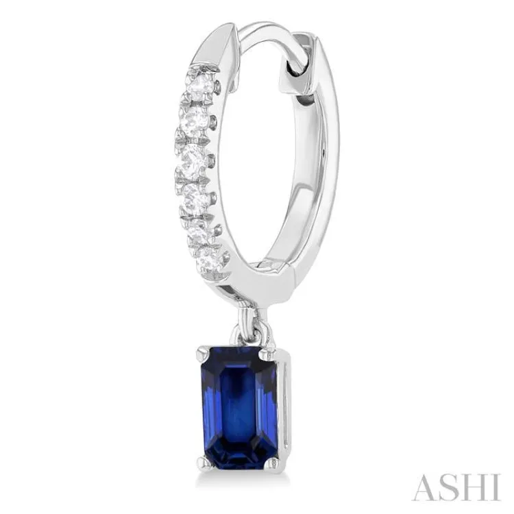 1/8 ctw Petite 5X3MM Sapphire Drop and Round Cut Diamond Precious Fashion Huggies in 10K White Gold