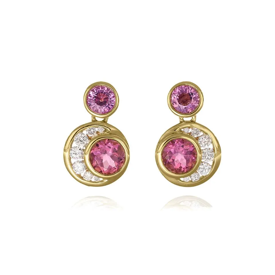 18ct Gold Diamond, Pink Sapphire and Pink Tourmaline Earrings