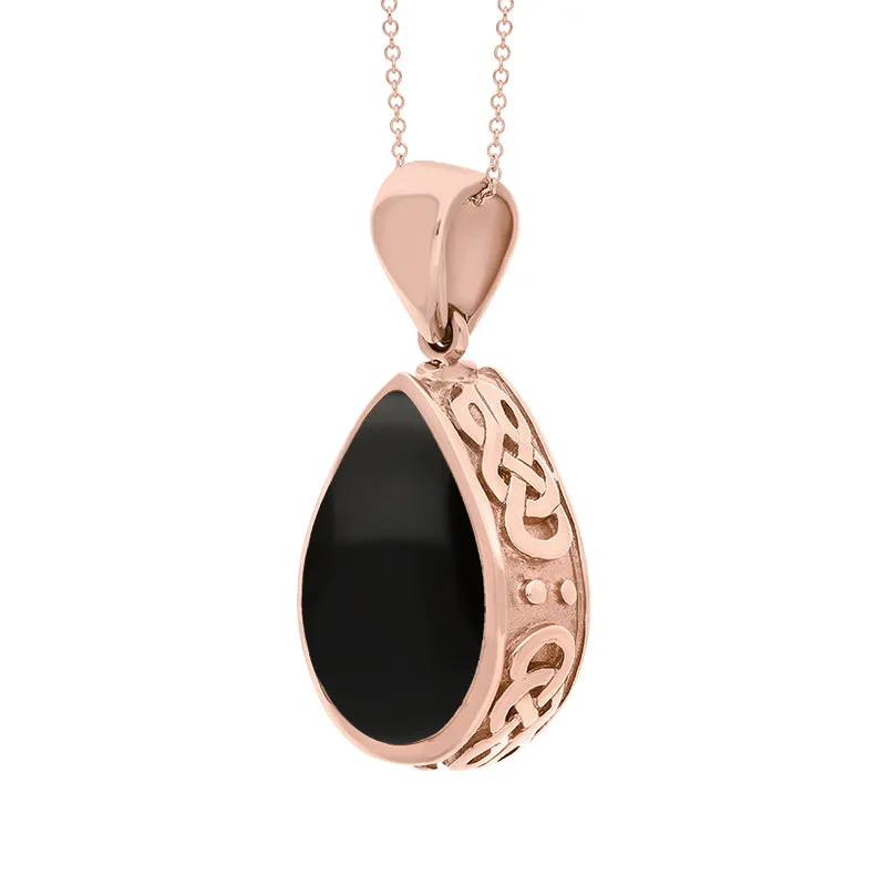 18ct Rose Gold Whitby Jet Mother Of Pearl Double Sided Celtic Pear Cut Fob Necklace