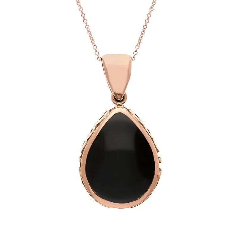 18ct Rose Gold Whitby Jet Mother Of Pearl Double Sided Celtic Pear Cut Fob Necklace