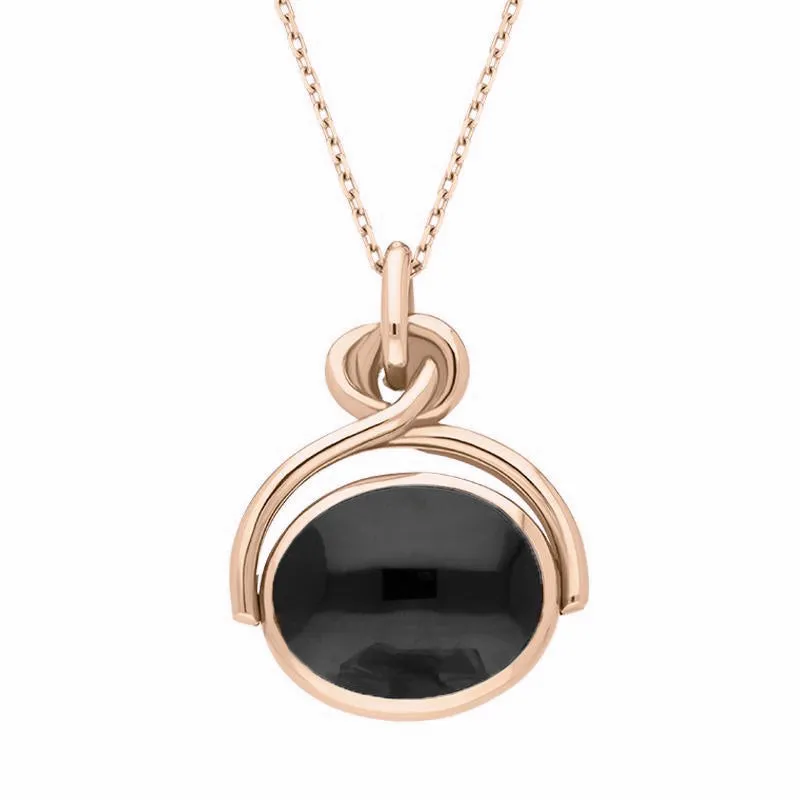 18ct Rose Gold Whitby Jet Turquoise Oval Swivel Fob Necklace