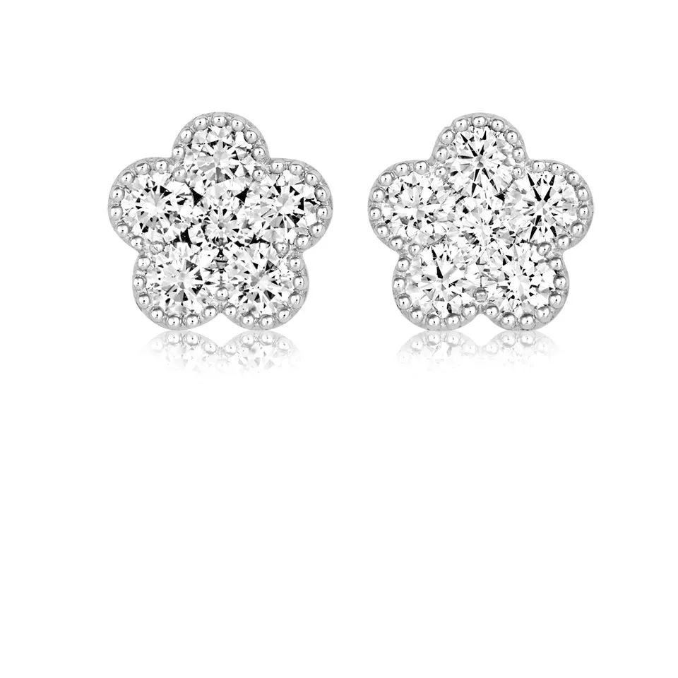 18ct White Gold millegrain diamond cluster earrings