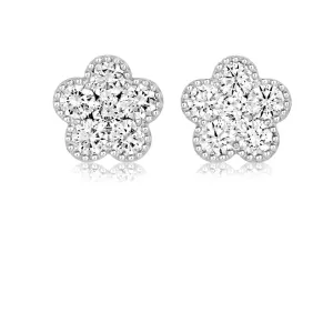 18ct White Gold millegrain diamond cluster earrings