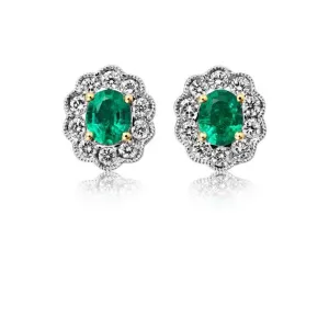 18ct Yellow & White Gold Oval Cut Emerald & Diamond Cluster Stud Earrings