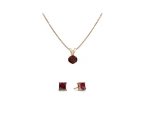 18K Rose Gold 1ct Garnet Round 18 Inch Necklace and Square Earrings Set Plated