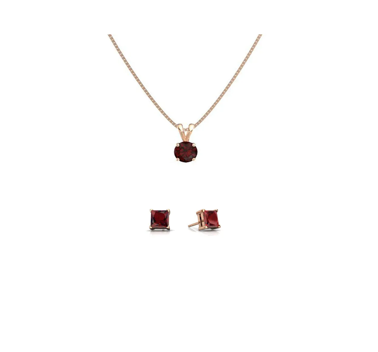 18K Rose Gold 1ct Garnet Round 18 Inch Necklace and Square Earrings Set Plated