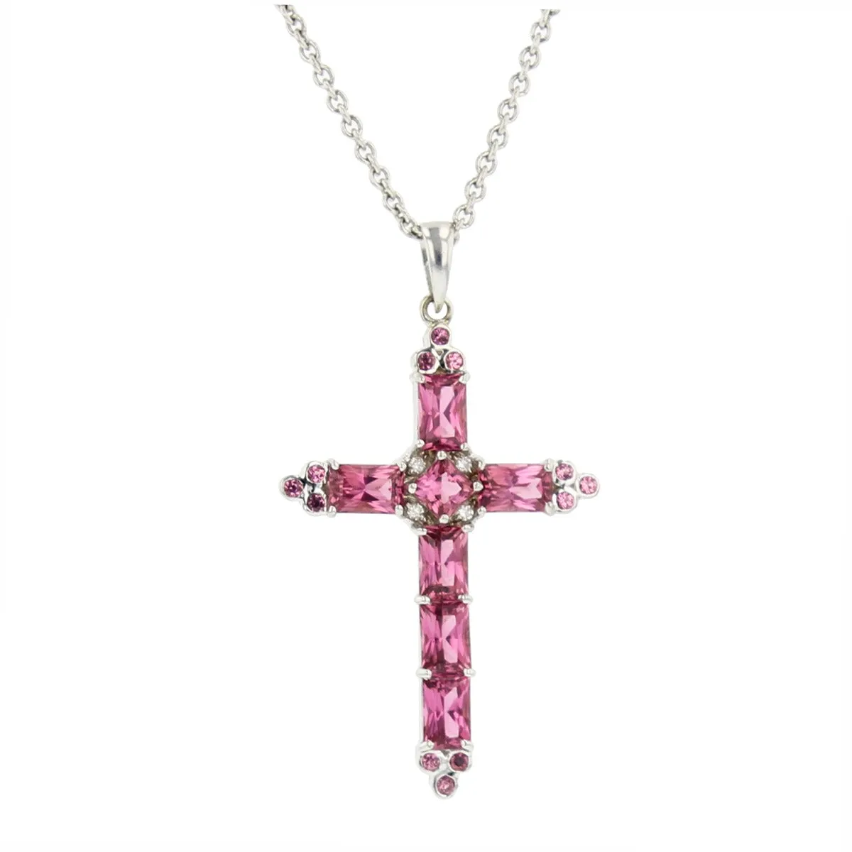 18K White Gold Pink Tourmaline and Diamond Cross Necklace