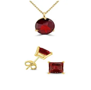 18K Yellow Gold 2ct Garnet Round 18 Inch Necklace and Square Earrings Set Plated