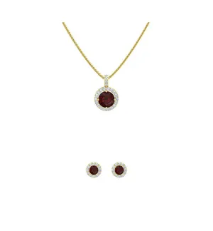 18K Yellow Gold 2ct Halo Garnet Round 18 Inch Necklace and Halo Earrings Set Plated