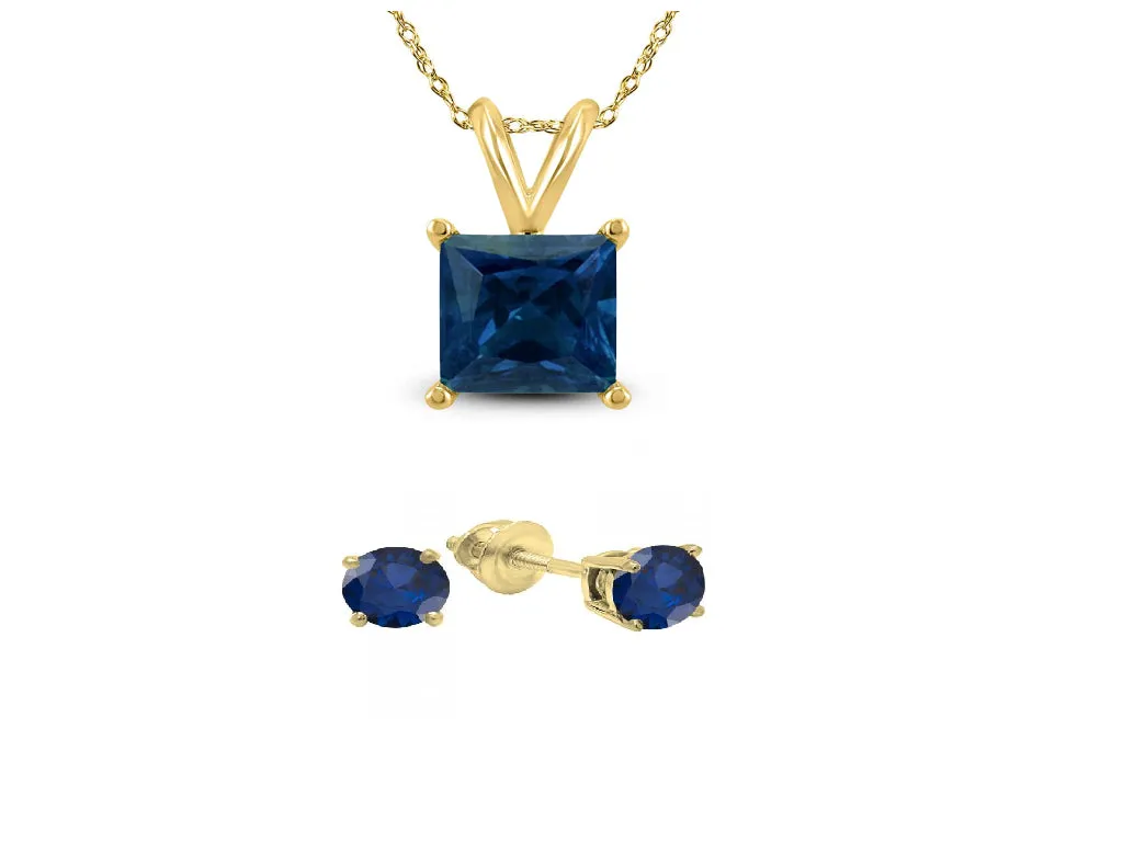 18K Yellow Gold 3ct Blue Sapphire Square 18 Inch Necklace and Round Earrings Set Plated